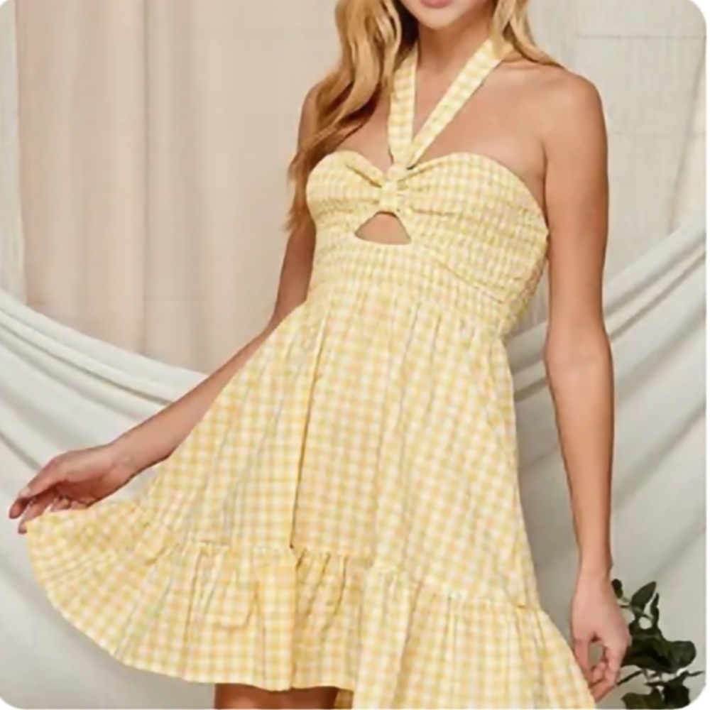 Twenty Ten Yellow Gingham Smocked Mini Dress | Halter Tie - Picture 3 of 7